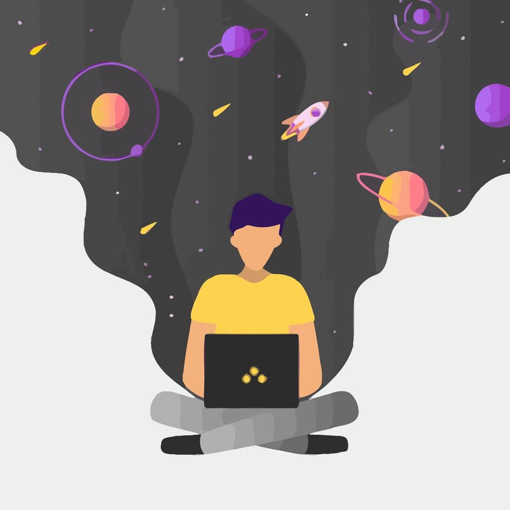 A imagem mostra uma pessoa sentada com um notebook aberto e atrás dela ícones relacionados ao espaço para representar a criatividade.