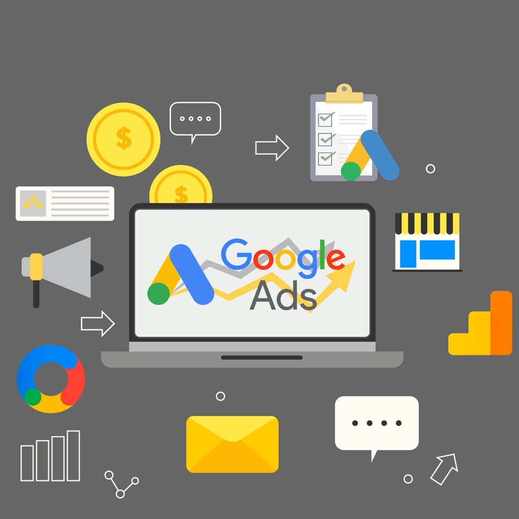 A imagem mostra um monitor com o logo do Google Ads e atrás ícones relacionados ao crescimento empresarial.