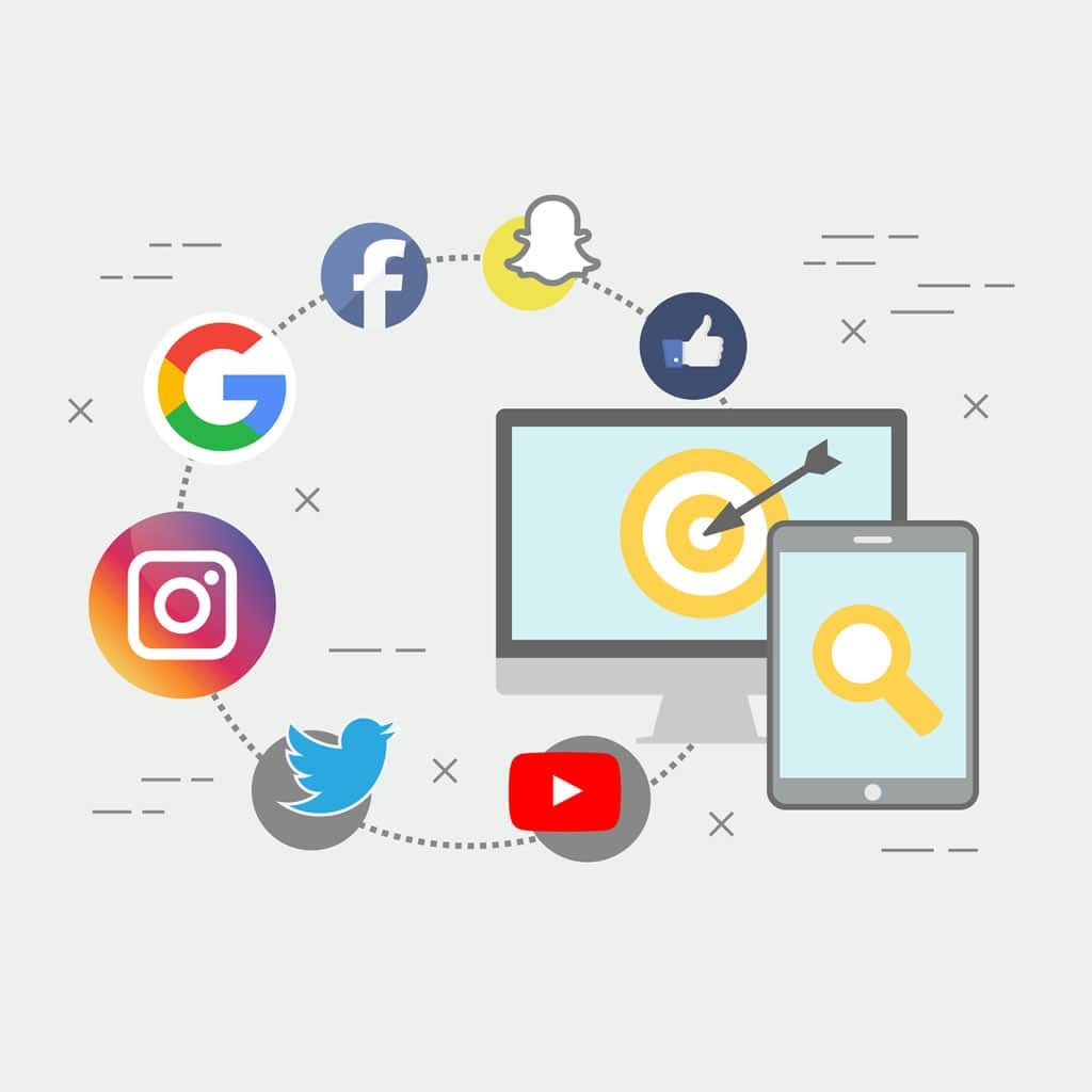 A imagem mostra um celular e um monitor, dentro deles uma lupa e um alvo e ao redor ícones das redes sociais.